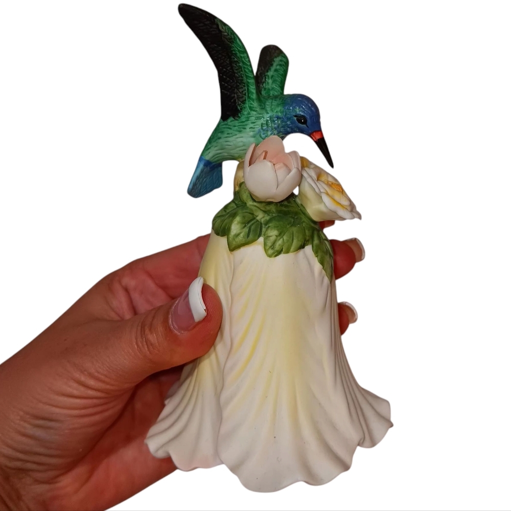 Russ Berry and Company hummingbird Flower Bell Figurine Green and Yellow 5"